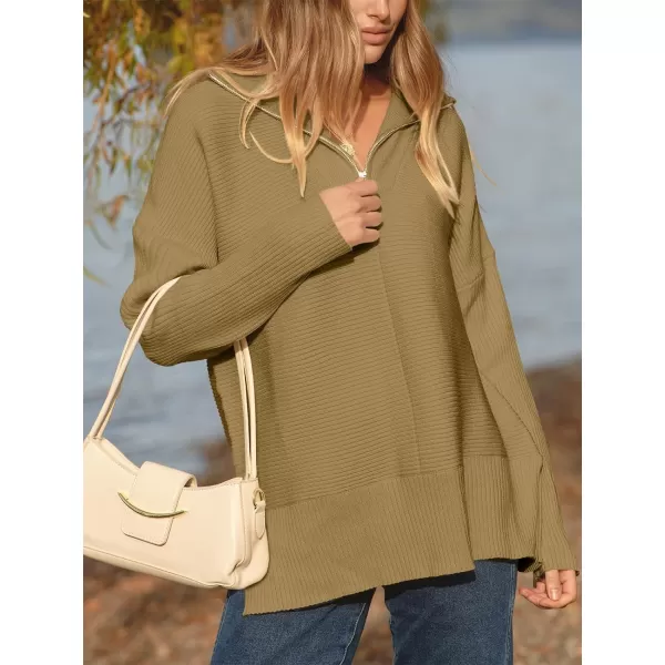 imageANRABESS Womens Oversized Half Zip Sweater Casual Knit Pullover Tunic Sweater with Slit 2023 Trendy Fall Winter ClothesCamel