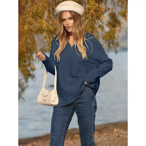imageANRABESS Womens Oversized Half Zip Sweater Casual Knit Pullover Tunic Sweater with Slit 2023 Trendy Fall Winter ClothesDark Blue