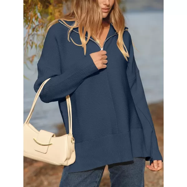 imageANRABESS Womens Oversized Half Zip Sweater Casual Knit Pullover Tunic Sweater with Slit 2023 Trendy Fall Winter ClothesDark Blue