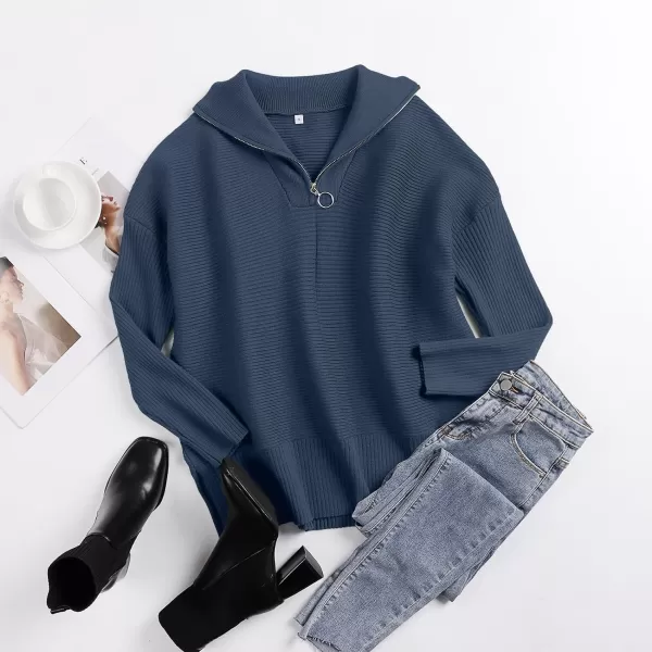 imageANRABESS Womens Oversized Half Zip Sweater Casual Knit Pullover Tunic Sweater with Slit 2023 Trendy Fall Winter ClothesDark Blue