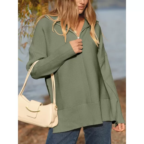 imageANRABESS Womens Oversized Half Zip Sweater Casual Knit Pullover Tunic Sweater with Slit 2023 Trendy Fall Winter ClothesDark Green