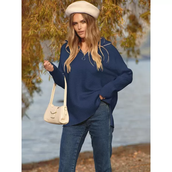 imageANRABESS Womens Oversized Half Zip Sweater Casual Knit Pullover Tunic Sweater with Slit 2023 Trendy Fall Winter ClothesNavy Blue