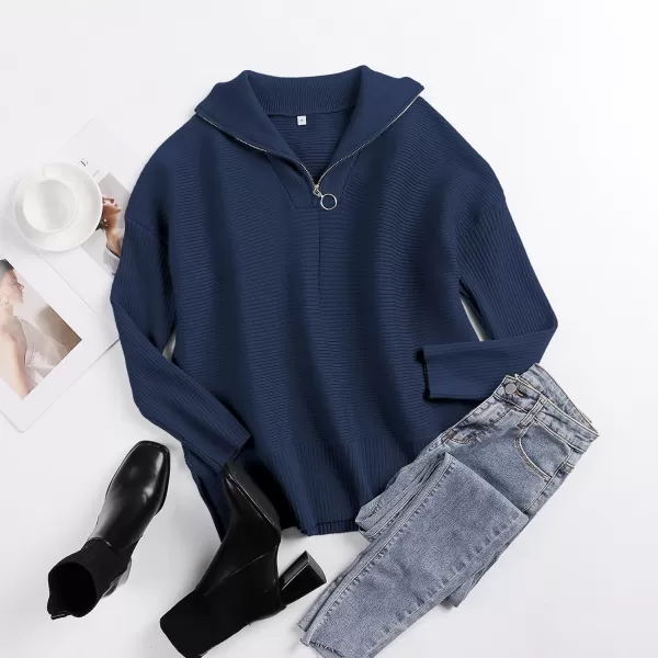 imageANRABESS Womens Oversized Half Zip Sweater Casual Knit Pullover Tunic Sweater with Slit 2023 Trendy Fall Winter ClothesNavy Blue