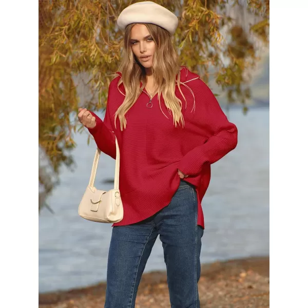imageANRABESS Womens Oversized Half Zip Sweater Casual Knit Pullover Tunic Sweater with Slit 2023 Trendy Fall Winter ClothesRed