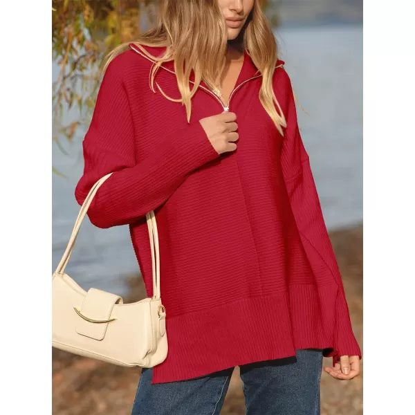 imageANRABESS Womens Oversized Half Zip Sweater Casual Knit Pullover Tunic Sweater with Slit 2023 Trendy Fall Winter ClothesRed