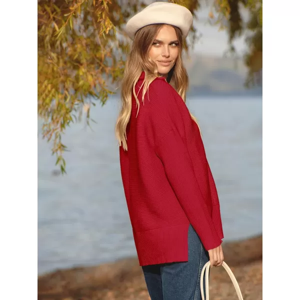 imageANRABESS Womens Oversized Half Zip Sweater Casual Knit Pullover Tunic Sweater with Slit 2023 Trendy Fall Winter ClothesRed