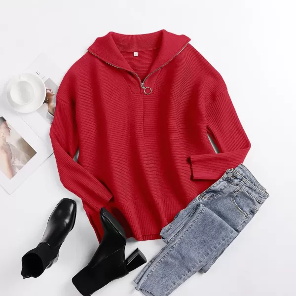 imageANRABESS Womens Oversized Half Zip Sweater Casual Knit Pullover Tunic Sweater with Slit 2023 Trendy Fall Winter ClothesRed
