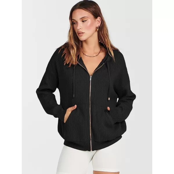 imageANRABESS Womens Oversized Hoodies Sweater Long Sleeve Zip Up Casual Ribbed Knit Drawstring Hooded Sweatshirt Jacket CoatBlack
