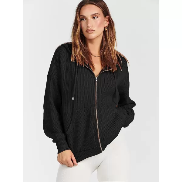 imageANRABESS Womens Oversized Hoodies Sweater Long Sleeve Zip Up Casual Ribbed Knit Drawstring Hooded Sweatshirt Jacket CoatBlack