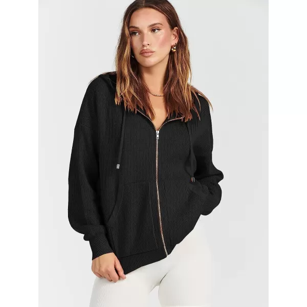 imageANRABESS Womens Oversized Hoodies Sweater Long Sleeve Zip Up Casual Ribbed Knit Drawstring Hooded Sweatshirt Jacket CoatBlack
