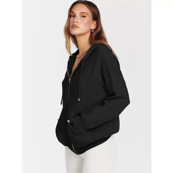 imageANRABESS Womens Oversized Hoodies Sweater Long Sleeve Zip Up Casual Ribbed Knit Drawstring Hooded Sweatshirt Jacket CoatBlack