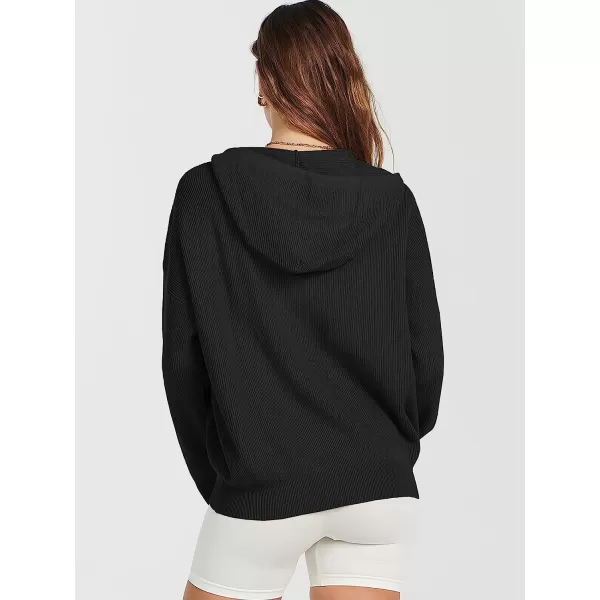 imageANRABESS Womens Oversized Hoodies Sweater Long Sleeve Zip Up Casual Ribbed Knit Drawstring Hooded Sweatshirt Jacket CoatBlack