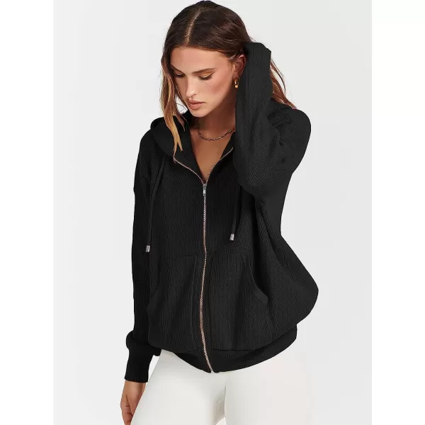 imageANRABESS Womens Oversized Hoodies Sweater Long Sleeve Zip Up Casual Ribbed Knit Drawstring Hooded Sweatshirt Jacket CoatBlack