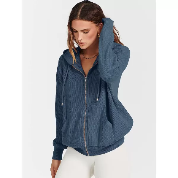 imageANRABESS Womens Oversized Hoodies Sweater Long Sleeve Zip Up Casual Ribbed Knit Drawstring Hooded Sweatshirt Jacket CoatDusty Blue