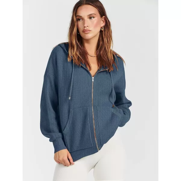 imageANRABESS Womens Oversized Hoodies Sweater Long Sleeve Zip Up Casual Ribbed Knit Drawstring Hooded Sweatshirt Jacket CoatDusty Blue