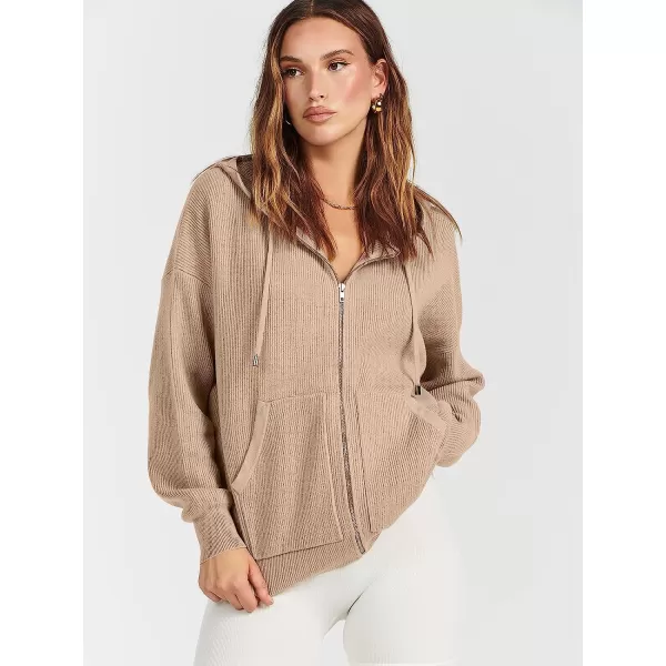 imageANRABESS Womens Oversized Hoodies Sweater Long Sleeve Zip Up Casual Ribbed Knit Drawstring Hooded Sweatshirt Jacket CoatKhaki