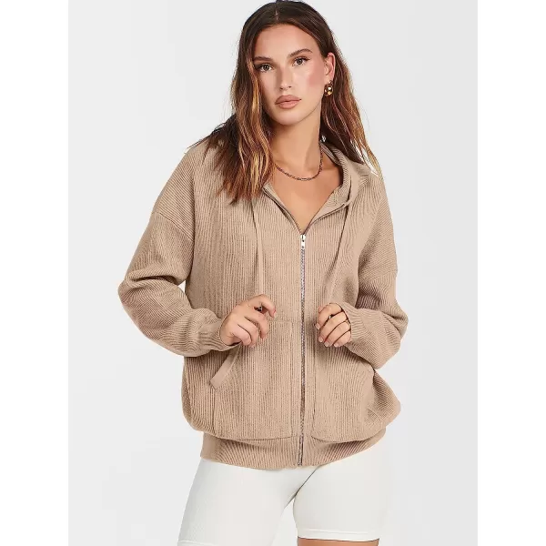 imageANRABESS Womens Oversized Hoodies Sweater Long Sleeve Zip Up Casual Ribbed Knit Drawstring Hooded Sweatshirt Jacket CoatKhaki
