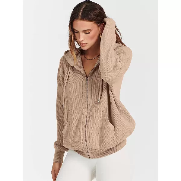 imageANRABESS Womens Oversized Hoodies Sweater Long Sleeve Zip Up Casual Ribbed Knit Drawstring Hooded Sweatshirt Jacket CoatKhaki