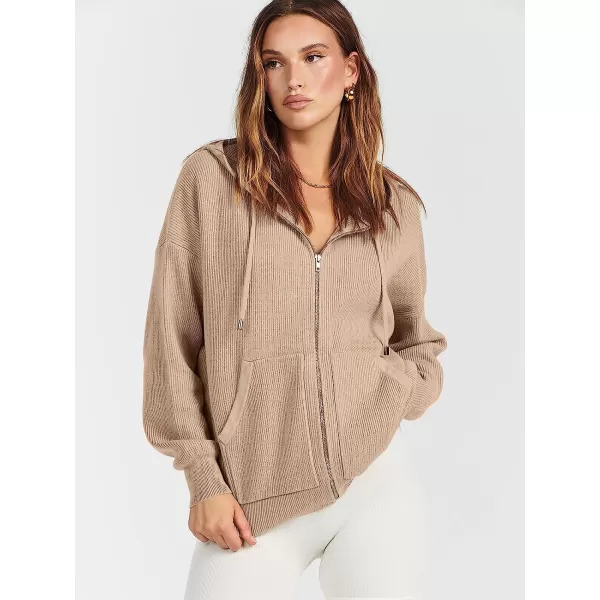 imageANRABESS Womens Oversized Hoodies Sweater Long Sleeve Zip Up Casual Ribbed Knit Drawstring Hooded Sweatshirt Jacket CoatKhaki