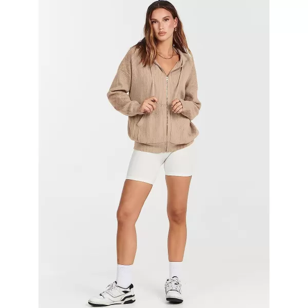 imageANRABESS Womens Oversized Hoodies Sweater Long Sleeve Zip Up Casual Ribbed Knit Drawstring Hooded Sweatshirt Jacket CoatKhaki