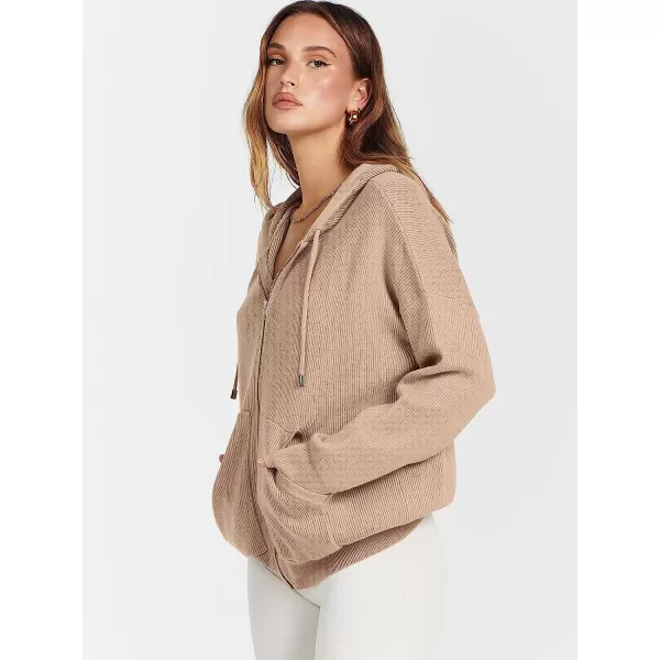 imageANRABESS Womens Oversized Hoodies Sweater Long Sleeve Zip Up Casual Ribbed Knit Drawstring Hooded Sweatshirt Jacket CoatKhaki