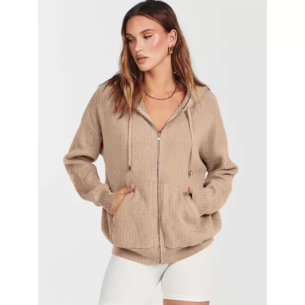 imageANRABESS Womens Oversized Hoodies Sweater Long Sleeve Zip Up Casual Ribbed Knit Drawstring Hooded Sweatshirt Jacket CoatKhaki