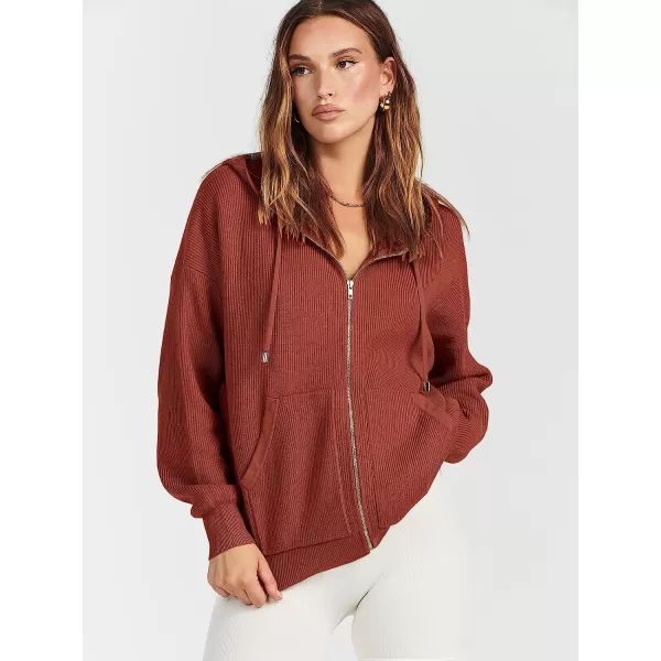imageANRABESS Womens Oversized Hoodies Sweater Long Sleeve Zip Up Casual Ribbed Knit Drawstring Hooded Sweatshirt Jacket CoatRust