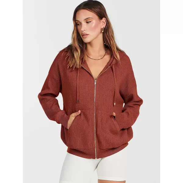 imageANRABESS Womens Oversized Hoodies Sweater Long Sleeve Zip Up Casual Ribbed Knit Drawstring Hooded Sweatshirt Jacket CoatRust