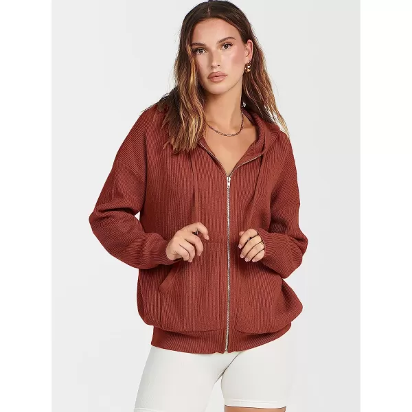 imageANRABESS Womens Oversized Hoodies Sweater Long Sleeve Zip Up Casual Ribbed Knit Drawstring Hooded Sweatshirt Jacket CoatRust