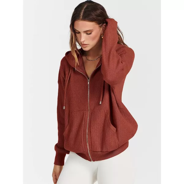 imageANRABESS Womens Oversized Hoodies Sweater Long Sleeve Zip Up Casual Ribbed Knit Drawstring Hooded Sweatshirt Jacket CoatRust