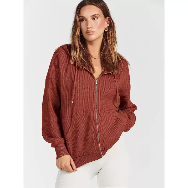 imageANRABESS Womens Oversized Hoodies Sweater Long Sleeve Zip Up Casual Ribbed Knit Drawstring Hooded Sweatshirt Jacket CoatRust
