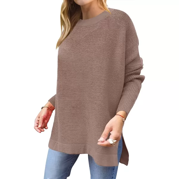 imageANRABESS Womens Oversized Long Batwing Sleeve Round Neck Spilt High Low Hem Knit Tunic Pullover Sweater TopsAlmond