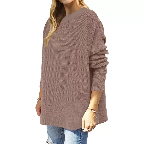 imageANRABESS Womens Oversized Long Batwing Sleeve Round Neck Spilt High Low Hem Knit Tunic Pullover Sweater TopsAlmond