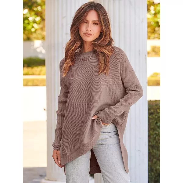 imageANRABESS Womens Oversized Long Batwing Sleeve Round Neck Spilt High Low Hem Knit Tunic Pullover Sweater TopsAlmond
