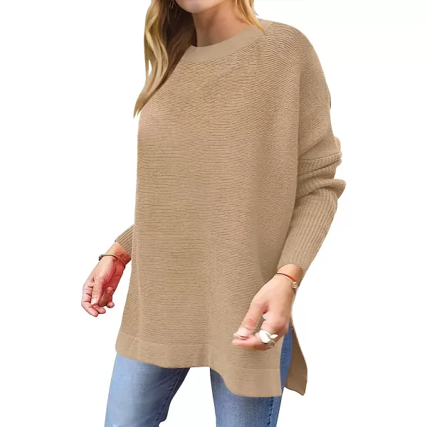 imageANRABESS Womens Oversized Long Batwing Sleeve Round Neck Spilt High Low Hem Knit Tunic Pullover Sweater TopsApricot