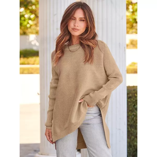 imageANRABESS Womens Oversized Long Batwing Sleeve Round Neck Spilt High Low Hem Knit Tunic Pullover Sweater TopsApricot