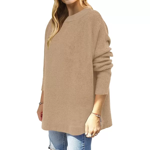 imageANRABESS Womens Oversized Long Batwing Sleeve Round Neck Spilt High Low Hem Knit Tunic Pullover Sweater TopsApricot
