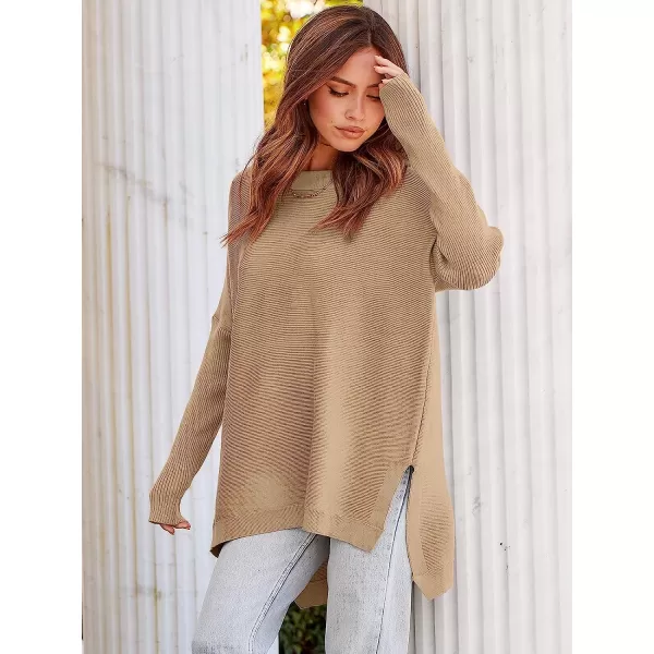 imageANRABESS Womens Oversized Long Batwing Sleeve Round Neck Spilt High Low Hem Knit Tunic Pullover Sweater TopsApricot