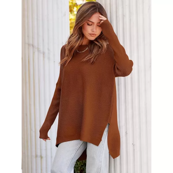 imageANRABESS Womens Oversized Long Batwing Sleeve Round Neck Spilt High Low Hem Knit Tunic Pullover Sweater TopsAuburn