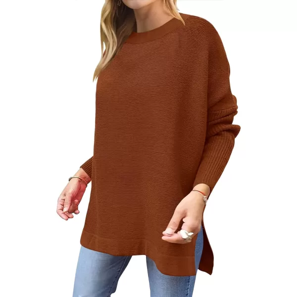 imageANRABESS Womens Oversized Long Batwing Sleeve Round Neck Spilt High Low Hem Knit Tunic Pullover Sweater TopsAuburn