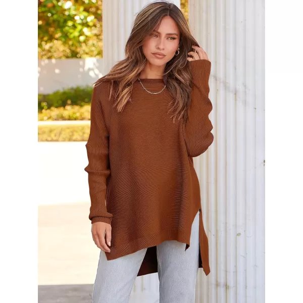 imageANRABESS Womens Oversized Long Batwing Sleeve Round Neck Spilt High Low Hem Knit Tunic Pullover Sweater TopsAuburn