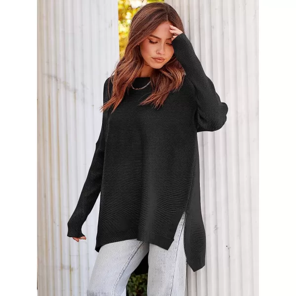 imageANRABESS Womens Oversized Long Batwing Sleeve Round Neck Spilt High Low Hem Knit Tunic Pullover Sweater TopsBlack