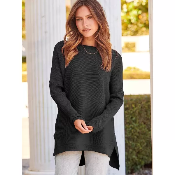 imageANRABESS Womens Oversized Long Batwing Sleeve Round Neck Spilt High Low Hem Knit Tunic Pullover Sweater TopsBlack