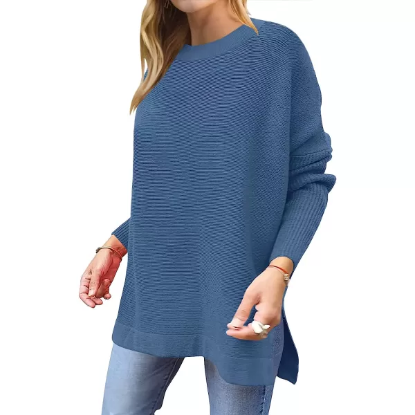 imageANRABESS Womens Oversized Long Batwing Sleeve Round Neck Spilt High Low Hem Knit Tunic Pullover Sweater TopsBlue