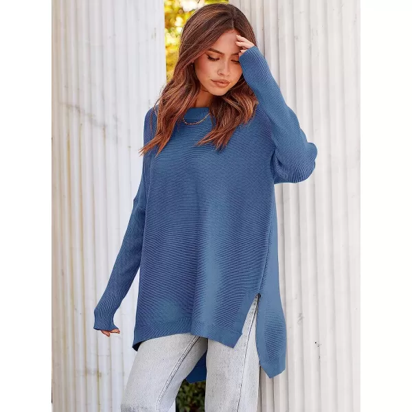 imageANRABESS Womens Oversized Long Batwing Sleeve Round Neck Spilt High Low Hem Knit Tunic Pullover Sweater TopsBlue