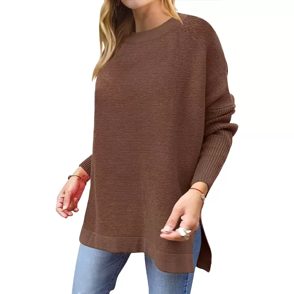 imageANRABESS Womens Oversized Long Batwing Sleeve Round Neck Spilt High Low Hem Knit Tunic Pullover Sweater TopsBrown