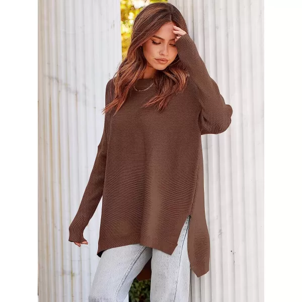 imageANRABESS Womens Oversized Long Batwing Sleeve Round Neck Spilt High Low Hem Knit Tunic Pullover Sweater TopsBrown