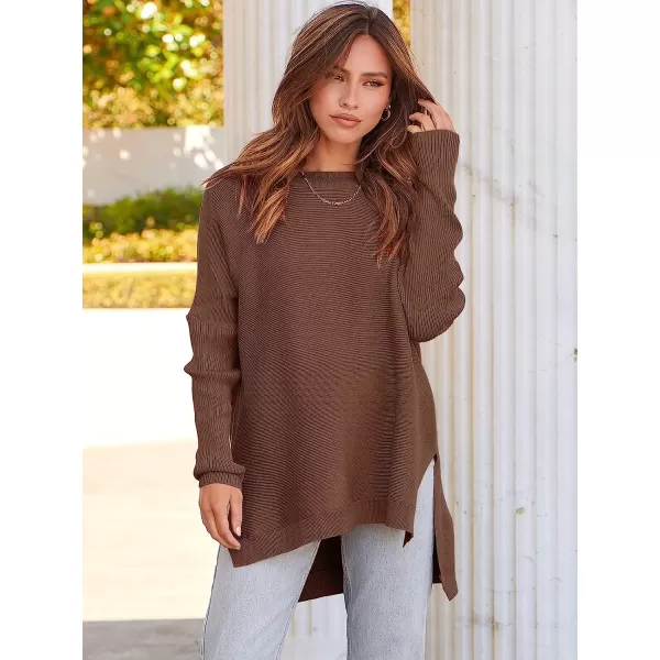 imageANRABESS Womens Oversized Long Batwing Sleeve Round Neck Spilt High Low Hem Knit Tunic Pullover Sweater TopsBrown