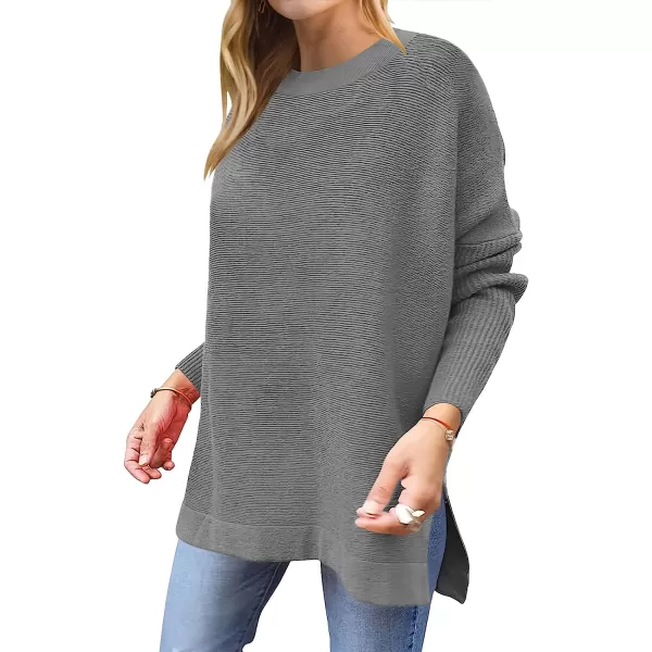 imageANRABESS Womens Oversized Long Batwing Sleeve Round Neck Spilt High Low Hem Knit Tunic Pullover Sweater TopsDark Gray