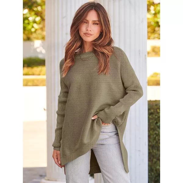 imageANRABESS Womens Oversized Long Batwing Sleeve Round Neck Spilt High Low Hem Knit Tunic Pullover Sweater TopsGreen
